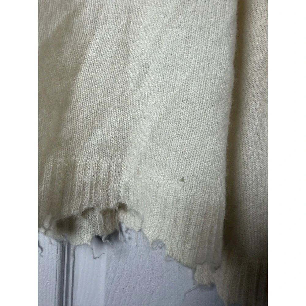Minnie Rose 100% Cashmere Distressed V Neck Sweater Ivory Women's M Soft